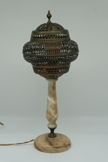 Vintage Onyx Table Lamp with Pierced Metal Shade – Moorish Revival