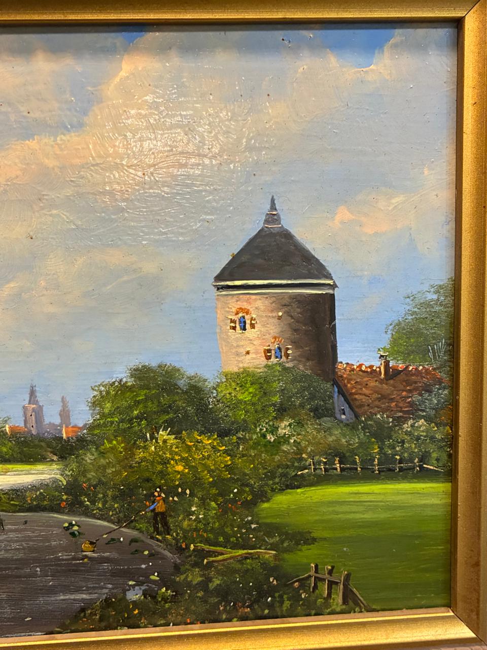Dutch River Landscape with Sailing Barge — Oil on Board, Late 19th Century