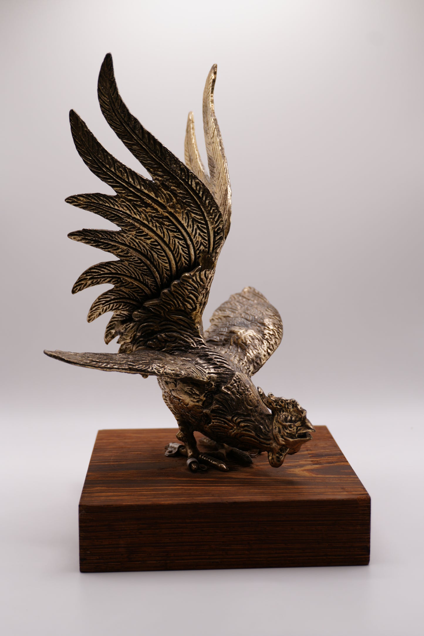 Vintage Europen Metal Rooster Sculpture on Wooden Base
