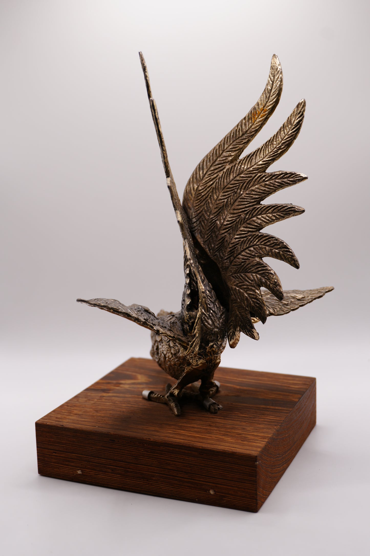 Vintage Europen Metal Rooster Sculpture on Wooden Base
