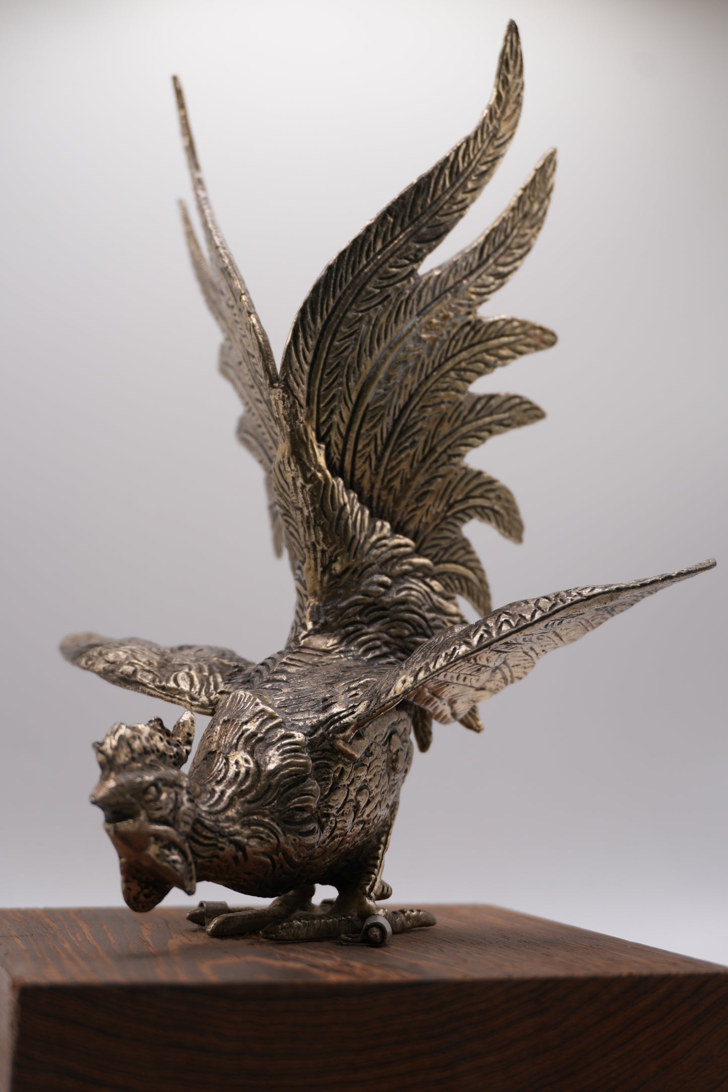 Vintage Europen Metal Rooster Sculpture on Wooden Base