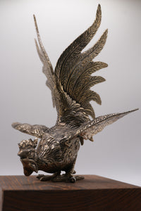 Vintage Europen Metal Rooster Sculpture on Wooden Base