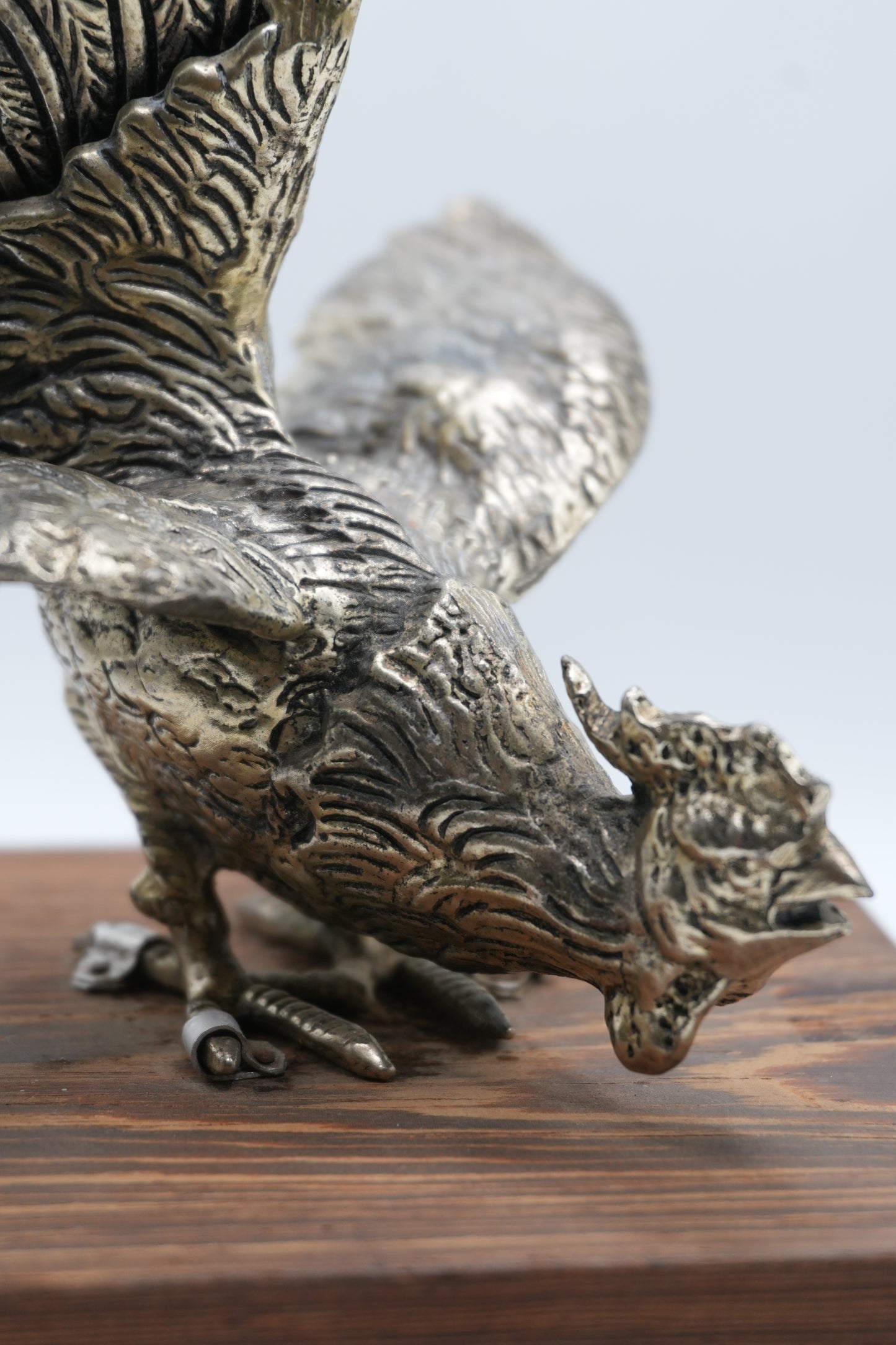 Vintage Europen Metal Rooster Sculpture on Wooden Base