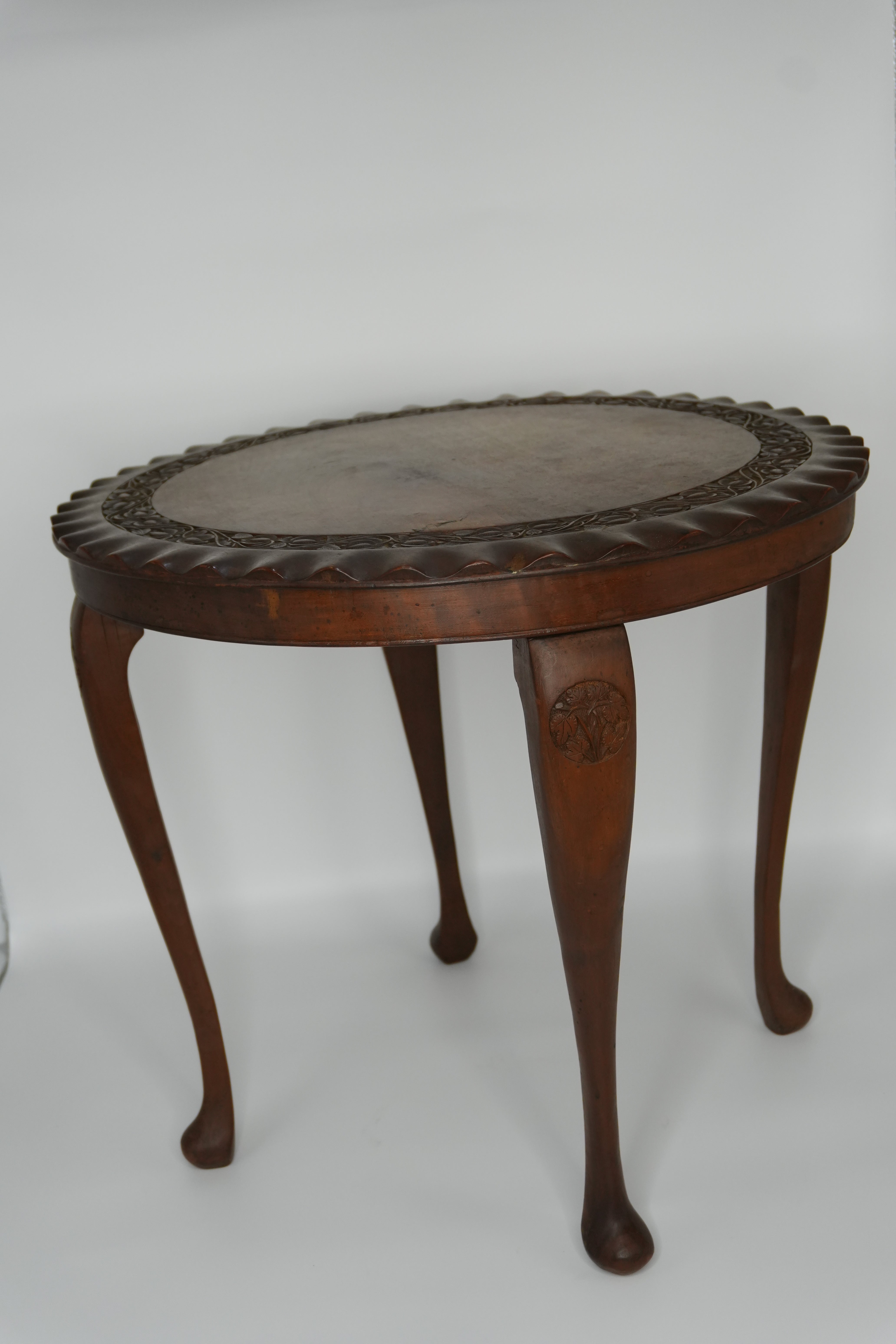 Vintage Round Mahogany Side Table | European Occasional Table with Hand-Carved Details