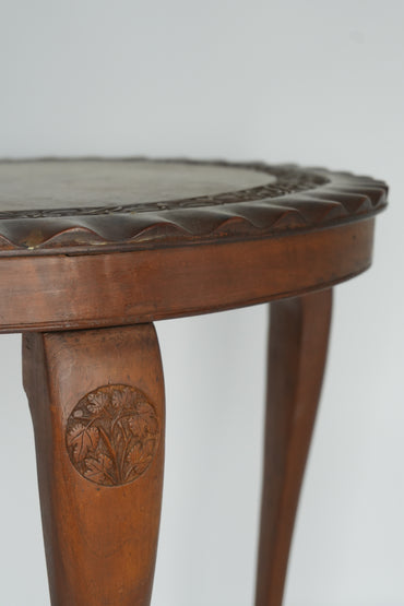 Vintage Round Mahogany Side Table | European Occasional Table with Hand-Carved Details
