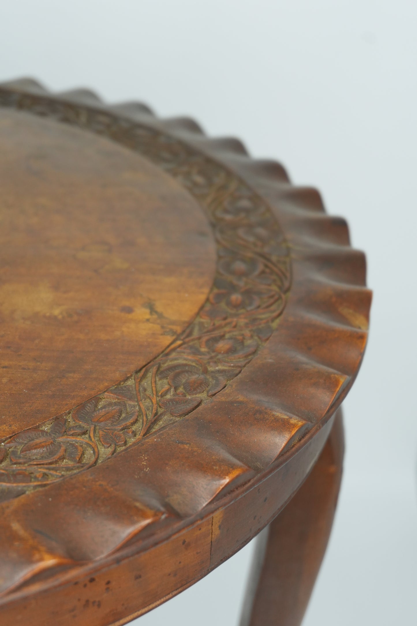 Vintage Round Mahogany Side Table | European Occasional Table with Hand-Carved Details
