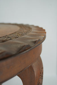 Vintage Round Mahogany Side Table | European Occasional Table with Hand-Carved Details