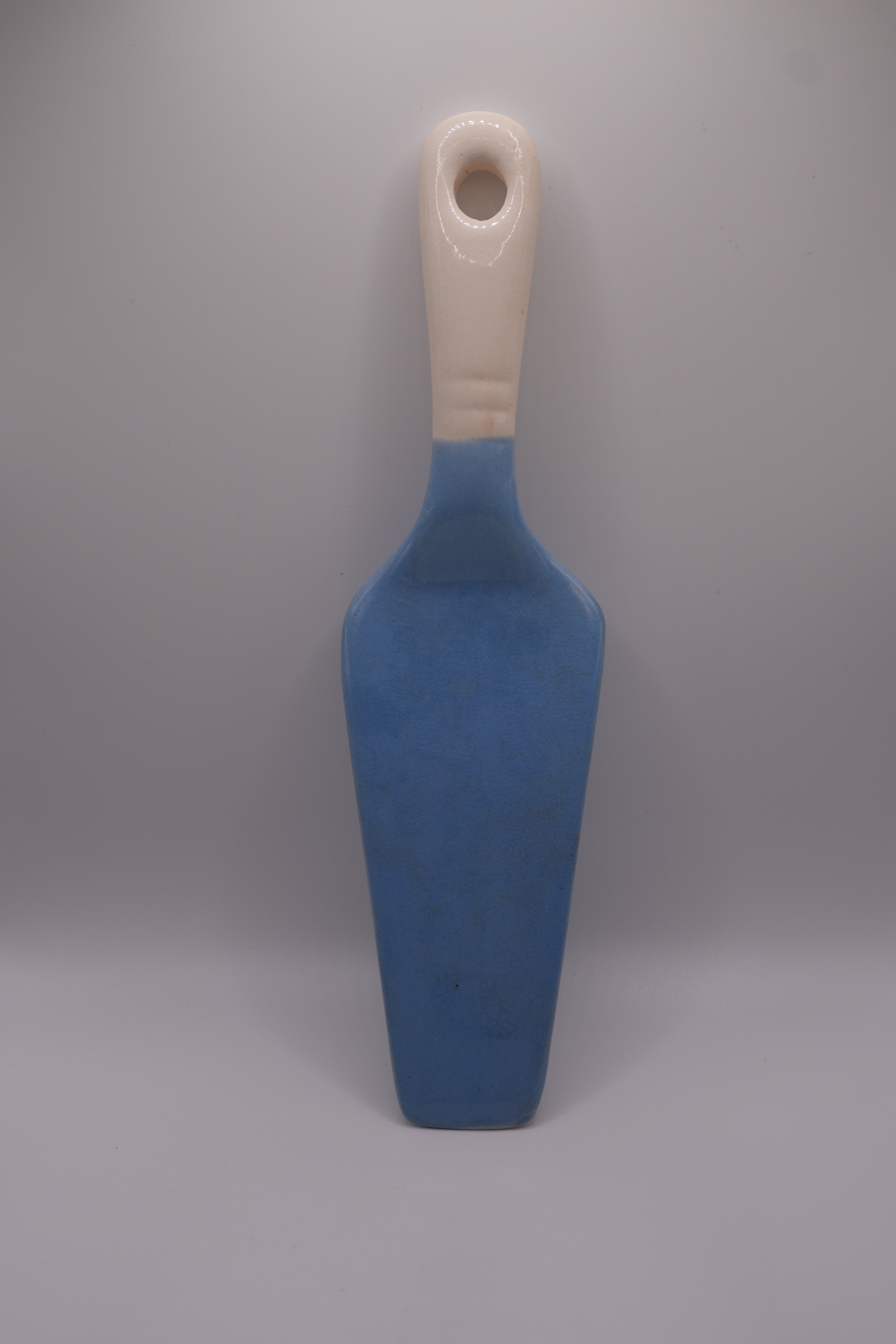 Vintage Ceramic Cake Server — Blue Glaze with Cream Handle