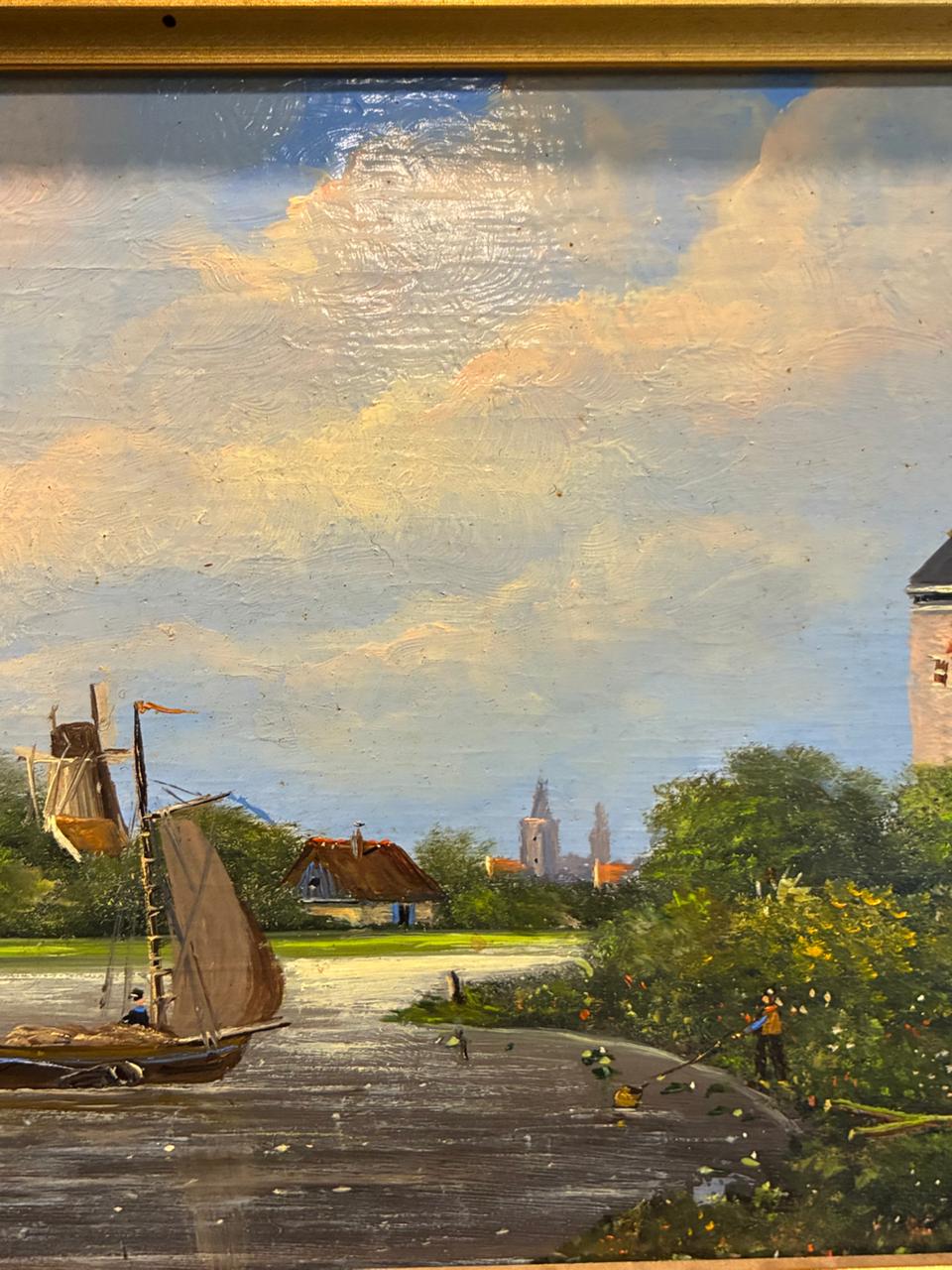 Dutch River Landscape with Sailing Barge — Oil on Board, Late 19th Century