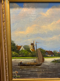Dutch River Landscape with Sailing Barge — Oil on Board, Late 19th Century